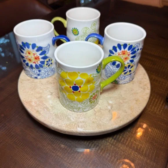 Anthropologie Biscuit Floral Ceramic Mugs Coffee Tea Set Of 4; 2 Yellow 2 Blue - Picture 9 of 9